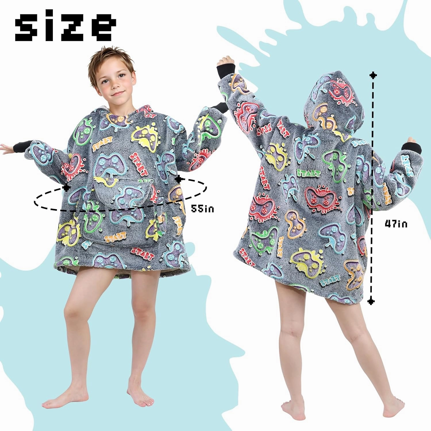 Wearable Blanket Hoodie Kids Gaming Sweatshirt Blanket with Giant Pocket Glow in the Dark Gamer Hooded Blanket 6-10 Year Old Girl Boy Birthday Gamer Gifts