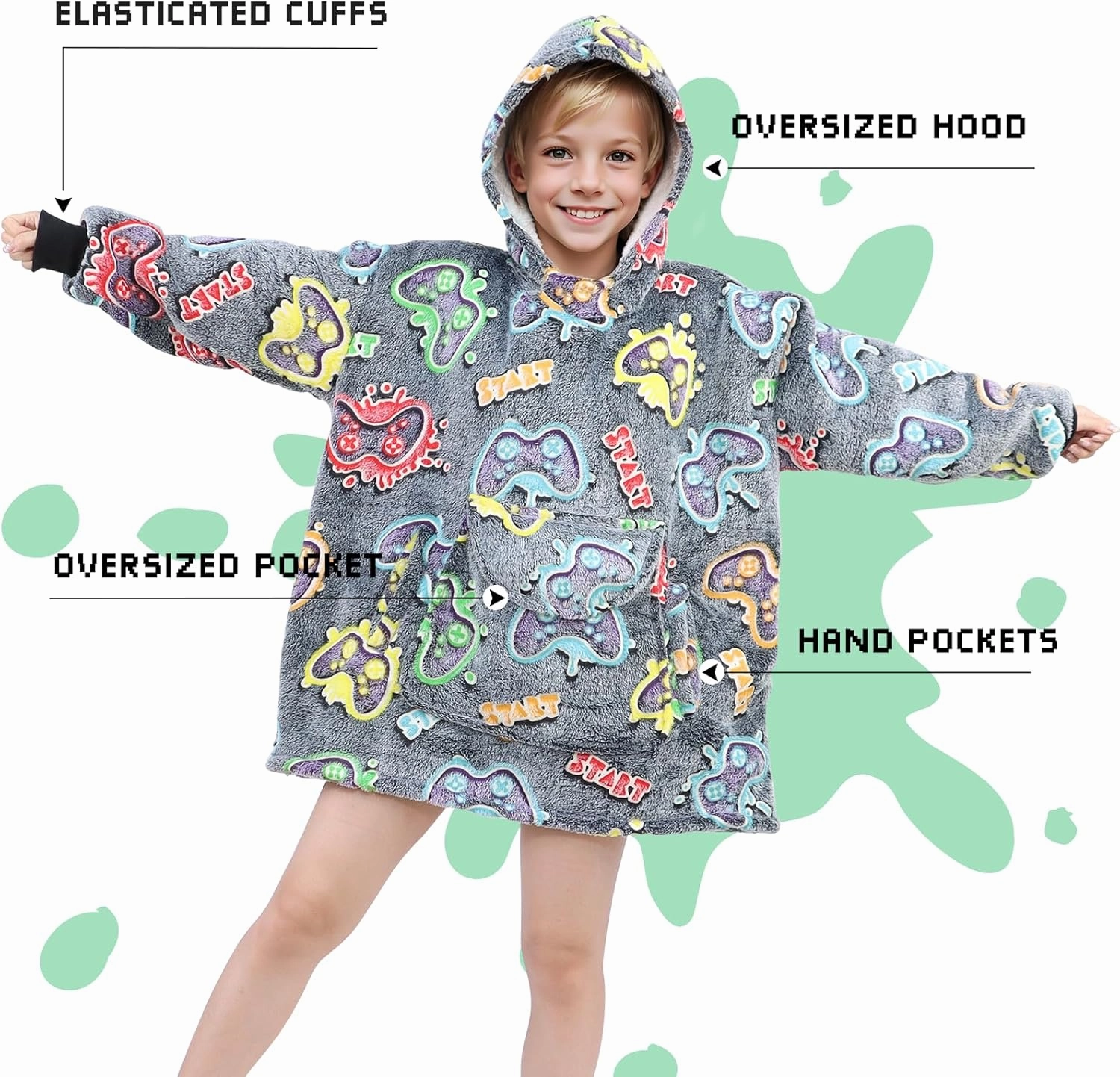 Wearable Blanket Hoodie Kids Gaming Sweatshirt Blanket with Giant Pocket Glow in the Dark Gamer Hooded Blanket 6-10 Year Old Girl Boy Birthday Gamer Gifts
