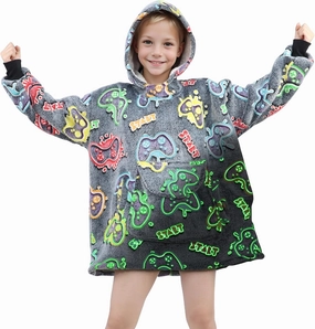 Wearable Blanket Hoodie Kids Gaming Sweatshirt Blanket with Giant Pocket Glow in the Dark Gamer Hooded Blanket 6-10 Year Old Girl Boy Birthday Gamer Gifts