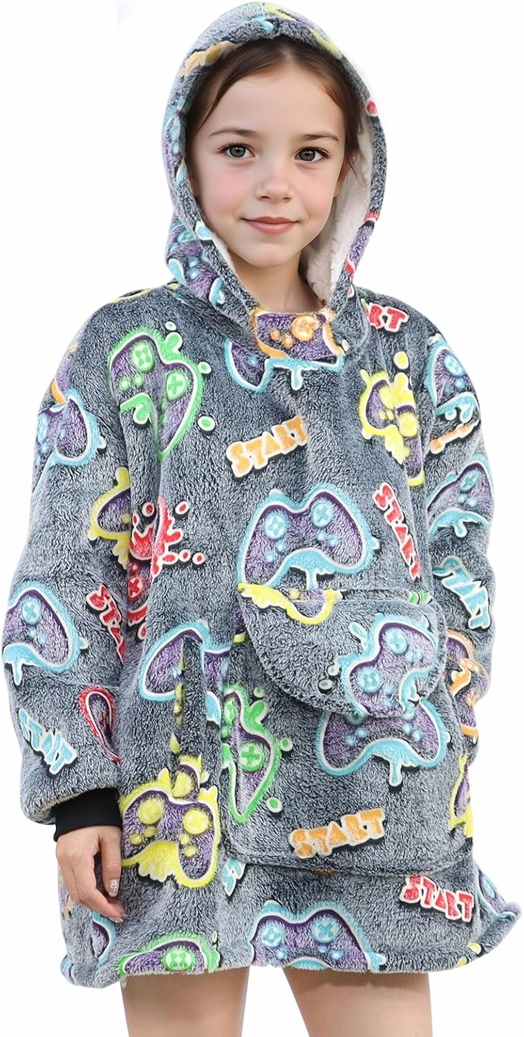 Wearable Blanket Hoodie Kids Gaming Sweatshirt Blanket with Giant Pocket Glow in the Dark Gamer Hooded Blanket 6-10 Year Old Girl Boy Birthday Gamer Gifts