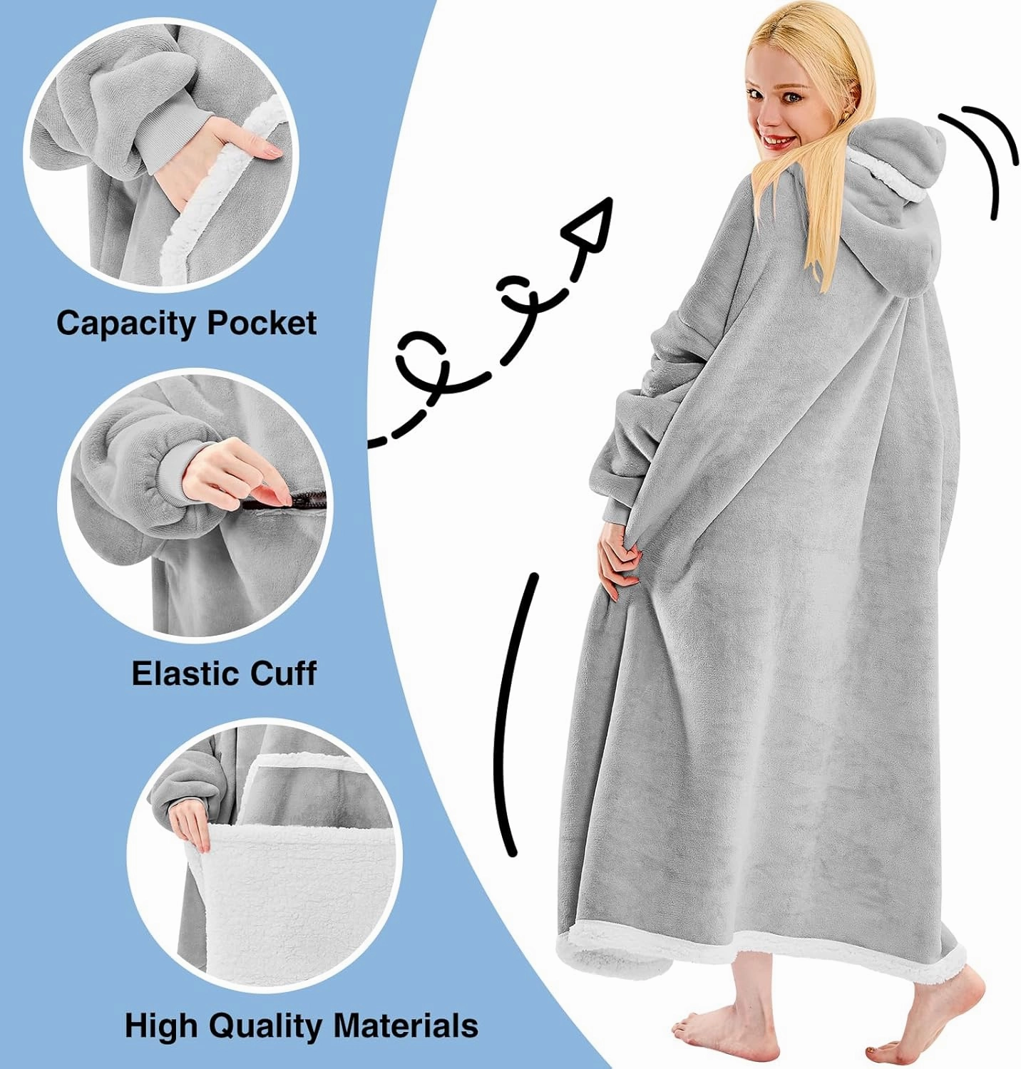 Wearable Blanket Hoodie, Oversized Sherpa Fleece Hooded Sweatshirt with Eye Mask, Cozy and Giant Blanket Hoodie with Sleeves Extra Long for Adults Men Women, Grey