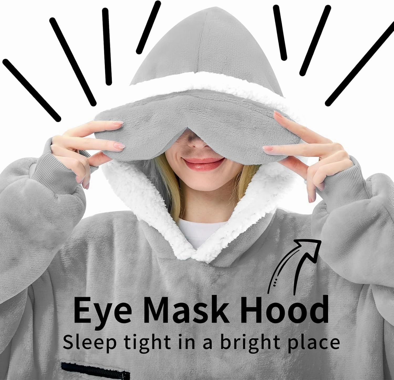 Wearable Blanket Hoodie, Oversized Sherpa Fleece Hooded Sweatshirt with Eye Mask, Cozy and Giant Blanket Hoodie with Sleeves Extra Long for Adults Men Women, Grey