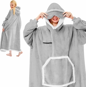 Wearable Blanket Hoodie, Oversized Sherpa Fleece Hooded Sweatshirt with Eye Mask, Cozy and Giant Blanket Hoodie with Sleeves Extra Long for Adults Men Women, Grey