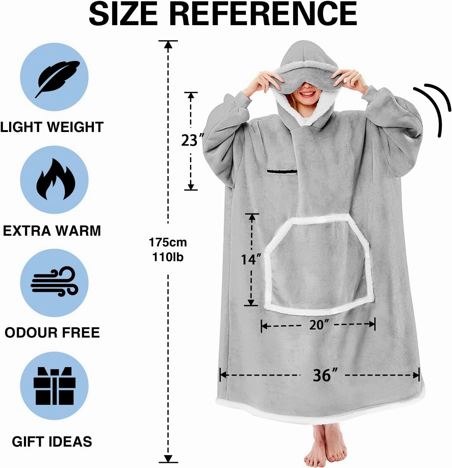 Wearable Blanket Hoodie, Oversized Sherpa Fleece Hooded Sweatshirt with Eye Mask, Cozy and Giant Blanket Hoodie with Sleeves Extra Long for Adults Men Women, Grey