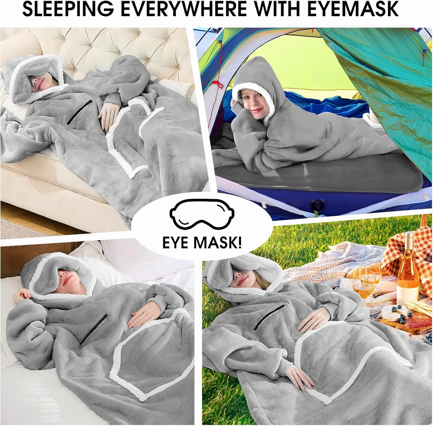Wearable Blanket Hoodie, Oversized Sherpa Fleece Hooded Sweatshirt with Eye Mask, Cozy and Giant Blanket Hoodie with Sleeves Extra Long for Adults Men Women, Grey