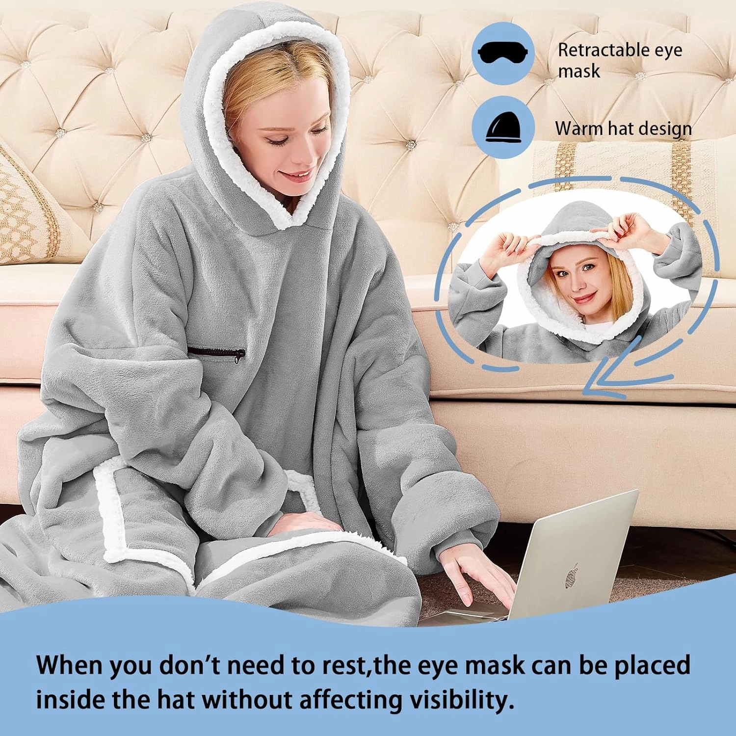 Wearable Blanket Hoodie, Oversized Sherpa Fleece Hooded Sweatshirt with Eye Mask, Cozy and Giant Blanket Hoodie with Sleeves Extra Long for Adults Men Women, Grey