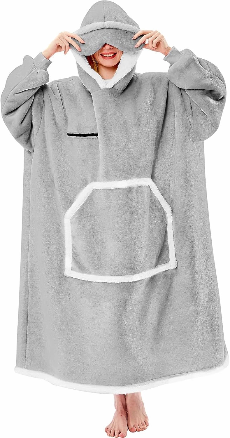Wearable Blanket Hoodie, Oversized Sherpa Fleece Hooded Sweatshirt with Eye Mask, Cozy and Giant Blanket Hoodie with Sleeves Extra Long for Adults Men Women, Grey