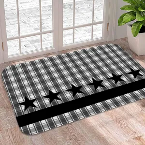 Welcome Doormat Retro Black White Buffalo Check, Water Absorbent Bath Rugs Non Slip Indoor Door Mats, Abstract Star Stripes Washable Floor Carpet for Kitchen Bedroom Entrance