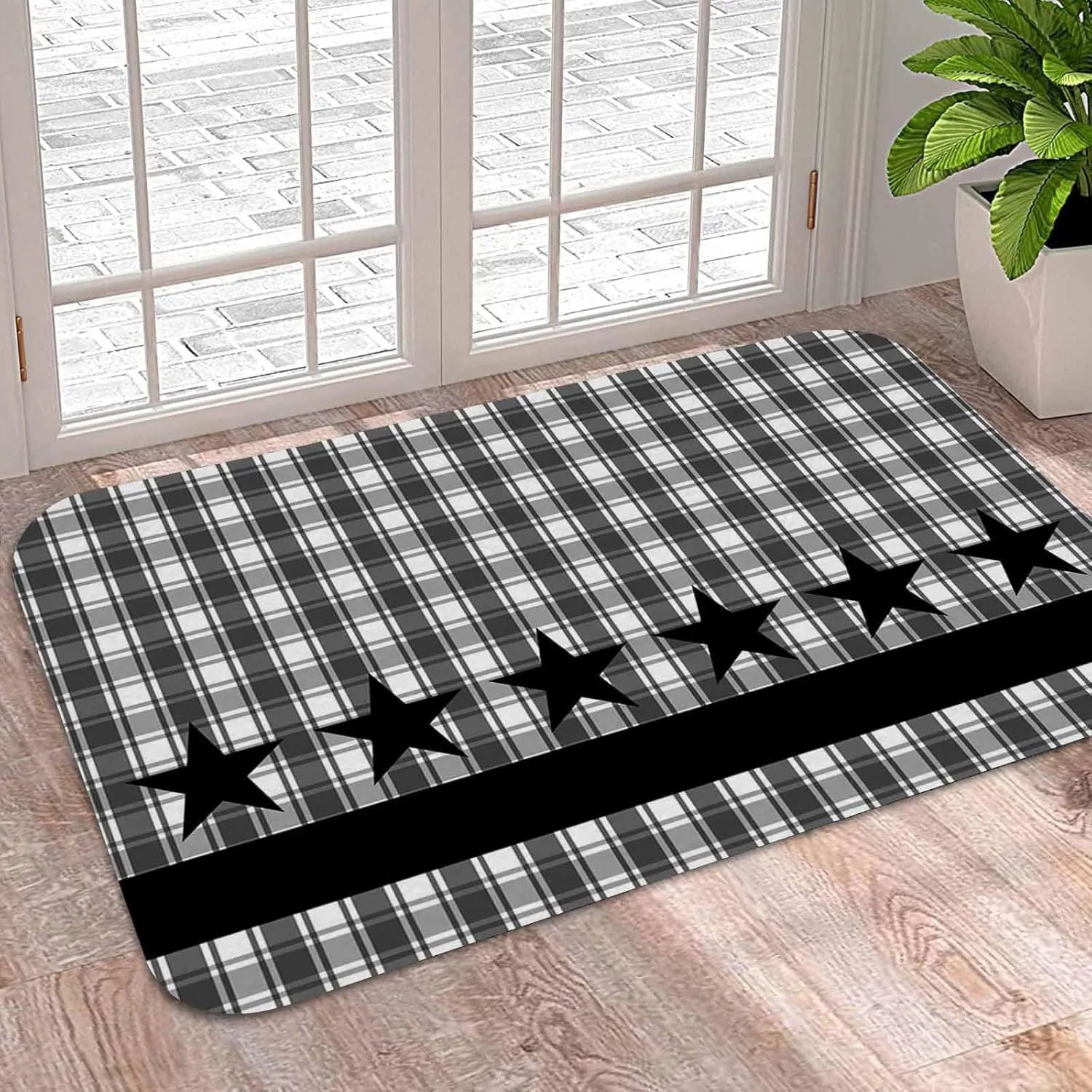 Welcome Doormat Retro Black White Buffalo Check, Water Absorbent Bath Rugs Non Slip Indoor Door Mats, Abstract Star Stripes Washable Floor Carpet for Kitchen Bedroom Entrance