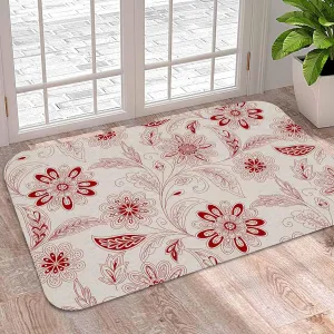 Welcome Doormat Retro Farmhouse Floral Texture, Water Absorbent Bath Rugs Non Slip Indoor Door Mats, Abstract Ethnic Flower Washable Floor Carpet for Kitchen Bedroom Entrance
