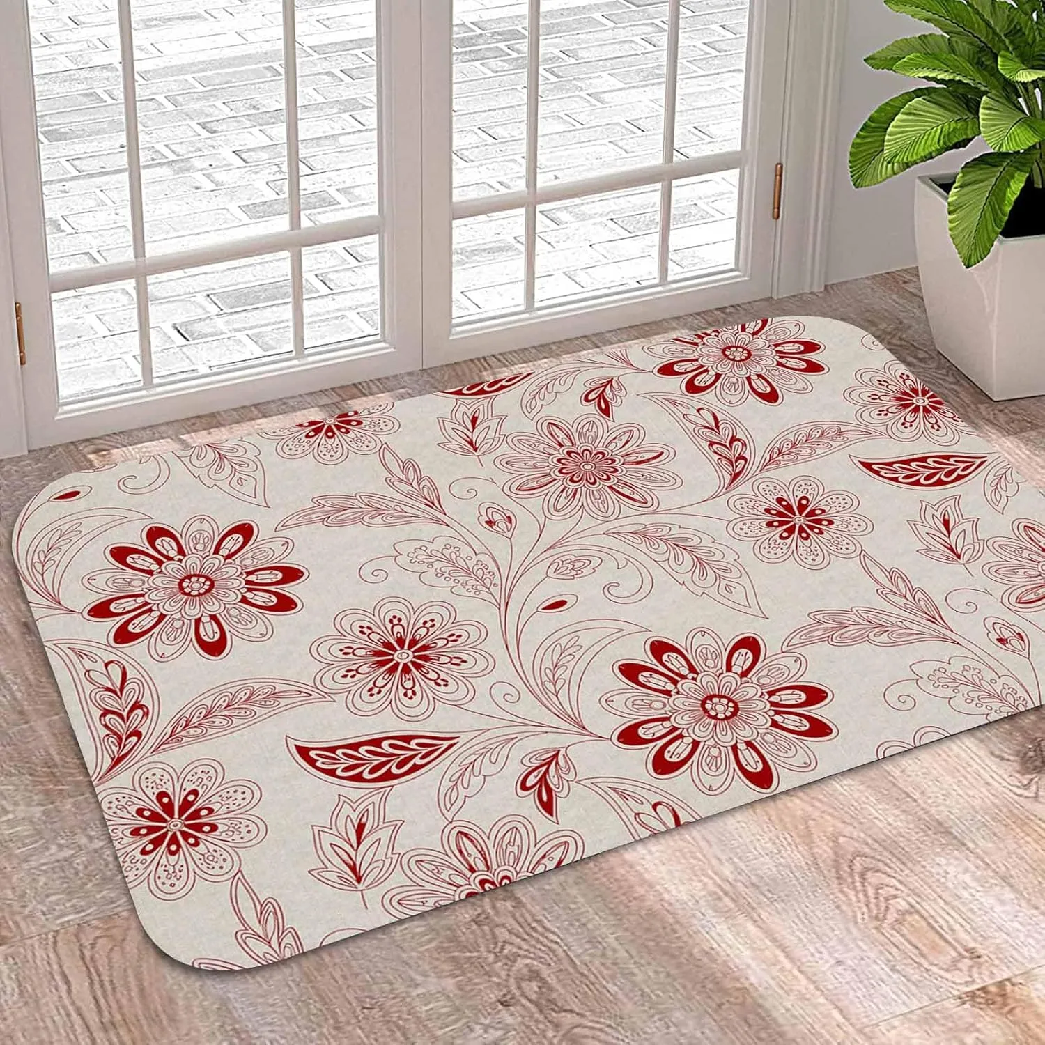 Welcome Doormat Retro Farmhouse Floral Texture, Water Absorbent Bath Rugs Non Slip Indoor Door Mats, Abstract Ethnic Flower Washable Floor Carpet for Kitchen Bedroom Entrance