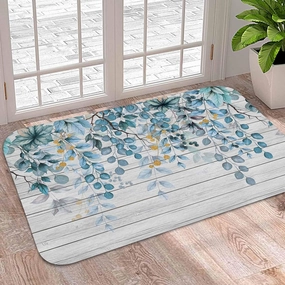Welcome Doormat Rustic Gradient Blue Eucalyptus, Water Absorbent Bath Rugs Non Slip Indoor Door Mats, Foliage Retro Wood Grain Washable Floor Carpet for Kitchen Bedroom Entrance