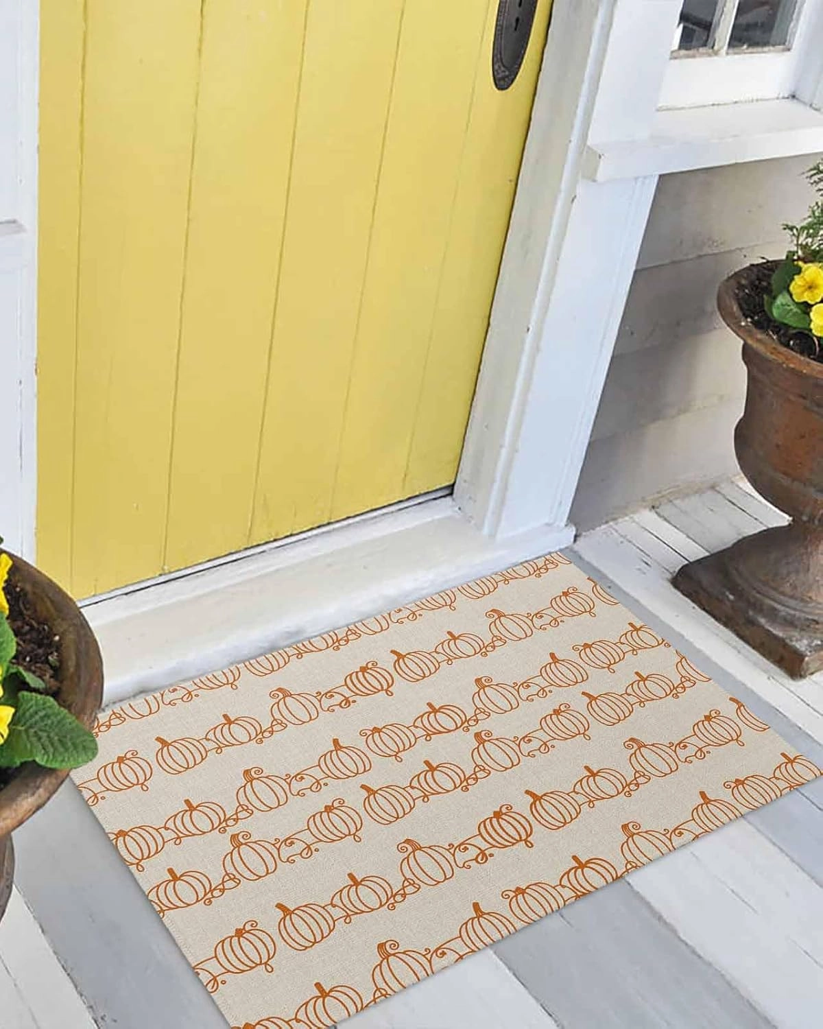 Welcome Mats for Front Door, Retro Autumn Pumpkins Rugs Non Slip Absorbent Indoor Doormat, Abstract Geometric Lines on Linen Entrance Rug Washable Floor Mats for Entryway,18x30in