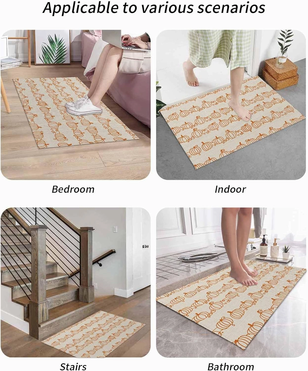 Welcome Mats for Front Door, Retro Autumn Pumpkins Rugs Non Slip Absorbent Indoor Doormat, Abstract Geometric Lines on Linen Entrance Rug Washable Floor Mats for Entryway,18x30in