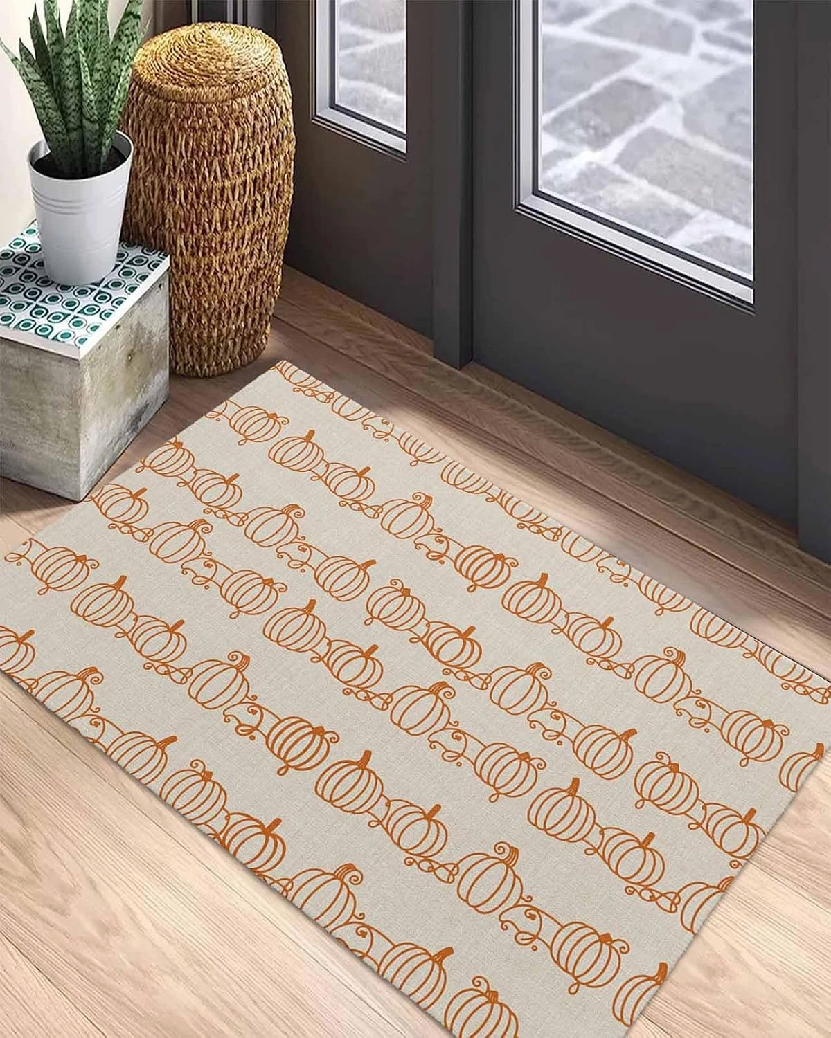 Welcome Mats for Front Door, Retro Autumn Pumpkins Rugs Non Slip Absorbent Indoor Doormat, Abstract Geometric Lines on Linen Entrance Rug Washable Floor Mats for Entryway,18x30in