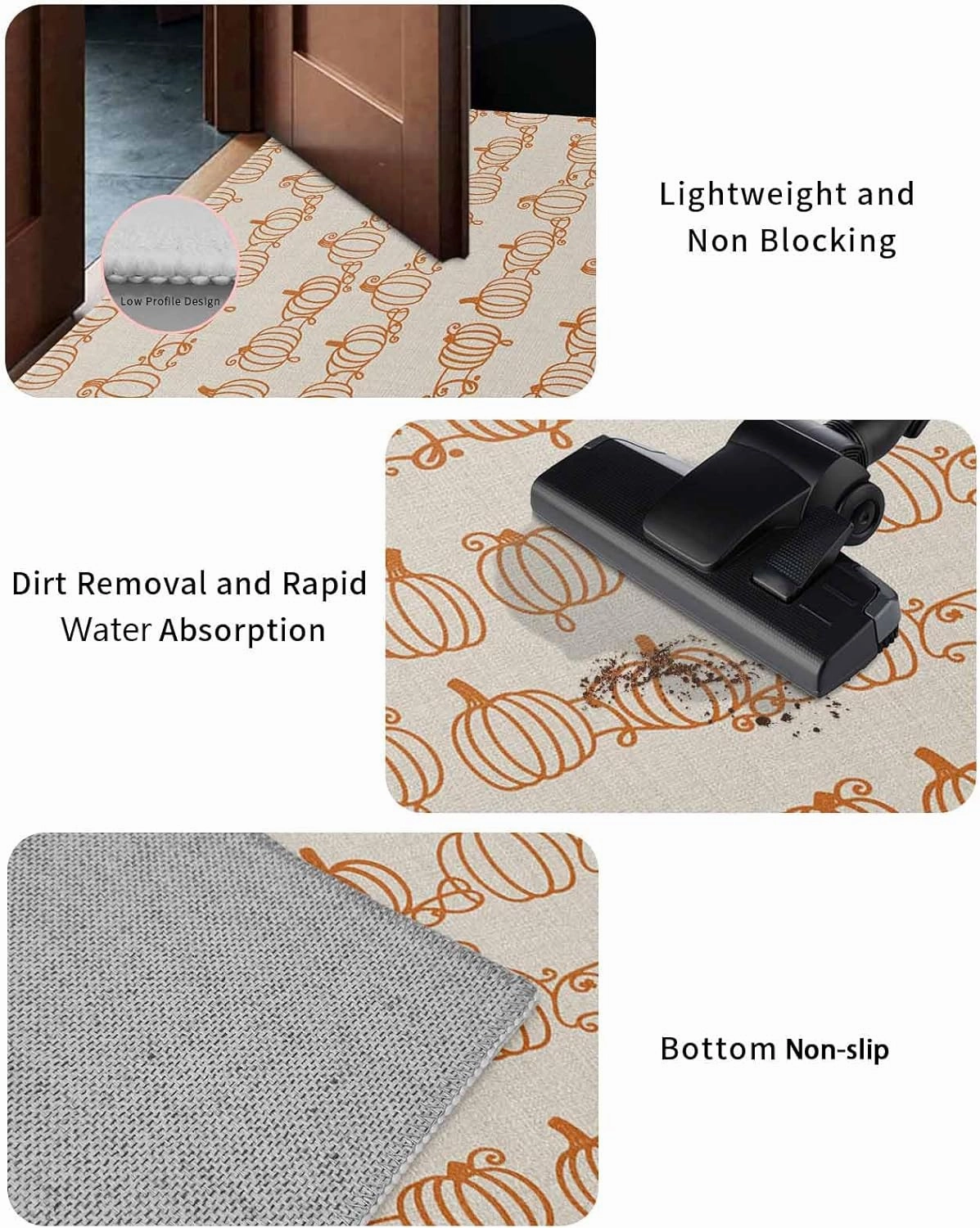 Welcome Mats for Front Door, Retro Autumn Pumpkins Rugs Non Slip Absorbent Indoor Doormat, Abstract Geometric Lines on Linen Entrance Rug Washable Floor Mats for Entryway,18x30in