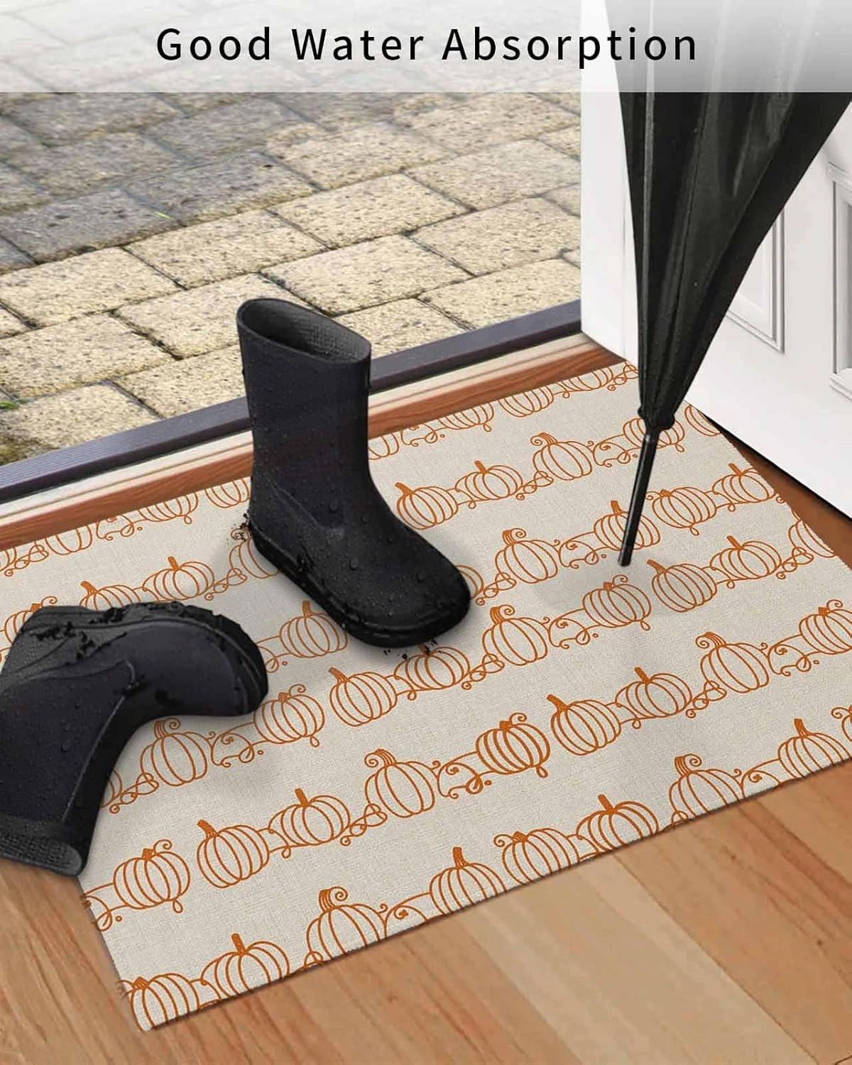 Welcome Mats for Front Door, Retro Autumn Pumpkins Rugs Non Slip Absorbent Indoor Doormat, Abstract Geometric Lines on Linen Entrance Rug Washable Floor Mats for Entryway,18x30in