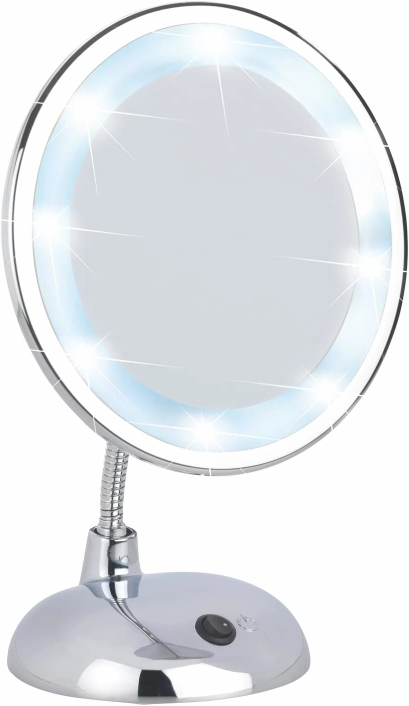 Wenko 3656440100 LED Standing Cosmetic Mirror Style Chrome - Illuminated, Swivel Function, Plastic, 17.5 x 28 x 12 cm, Chrome