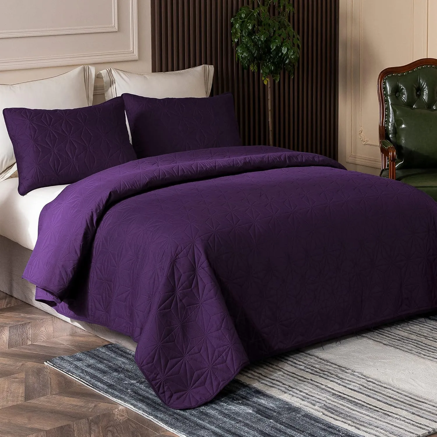 Whale Flotilla King Quilt Bedding Set, Soft Purple Bedspreads Quilts King Size for All Seasons, 3 Pieces Lightweight Geometric Star Pattern Coverlet