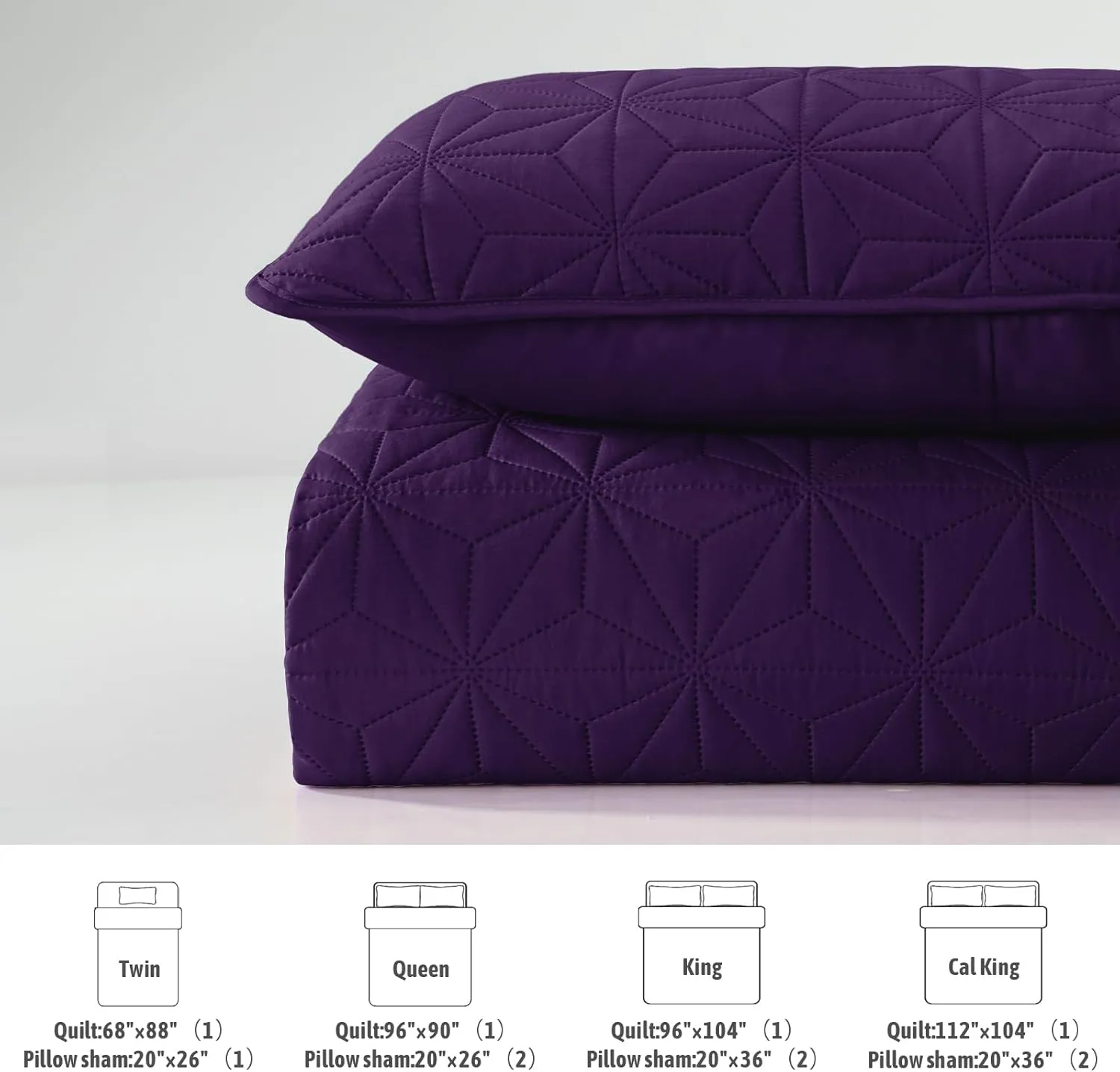 Whale Flotilla King Quilt Bedding Set, Soft Purple Bedspreads Quilts King Size for All Seasons, 3 Pieces Lightweight Geometric Star Pattern Coverlet