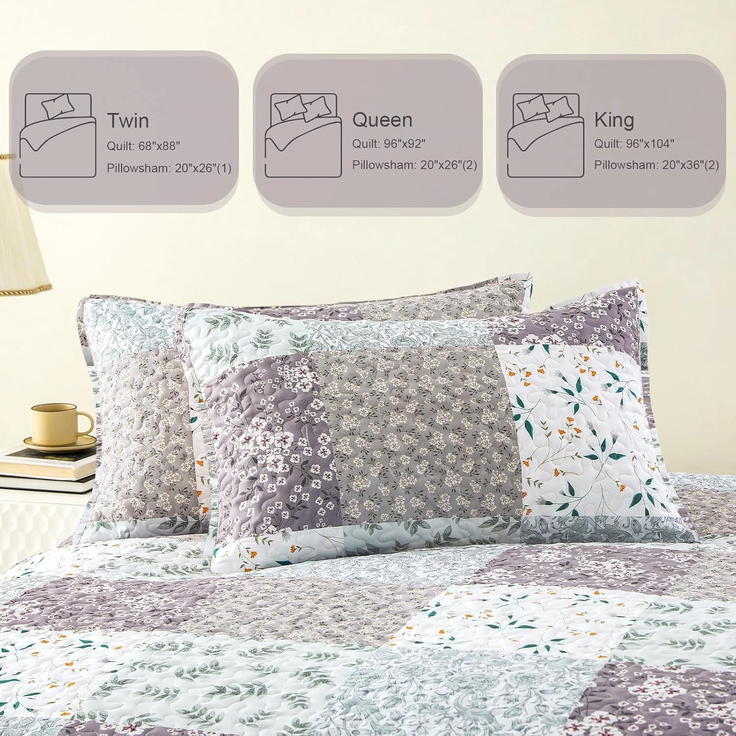Whale Flotilla Reversible Patchwork Quilts Twin Size, Lightweight Boho Printed Bedspreads Coverlets Quilt Bedding Set with 1 Pillow Sham for All Seasons,Light Grey