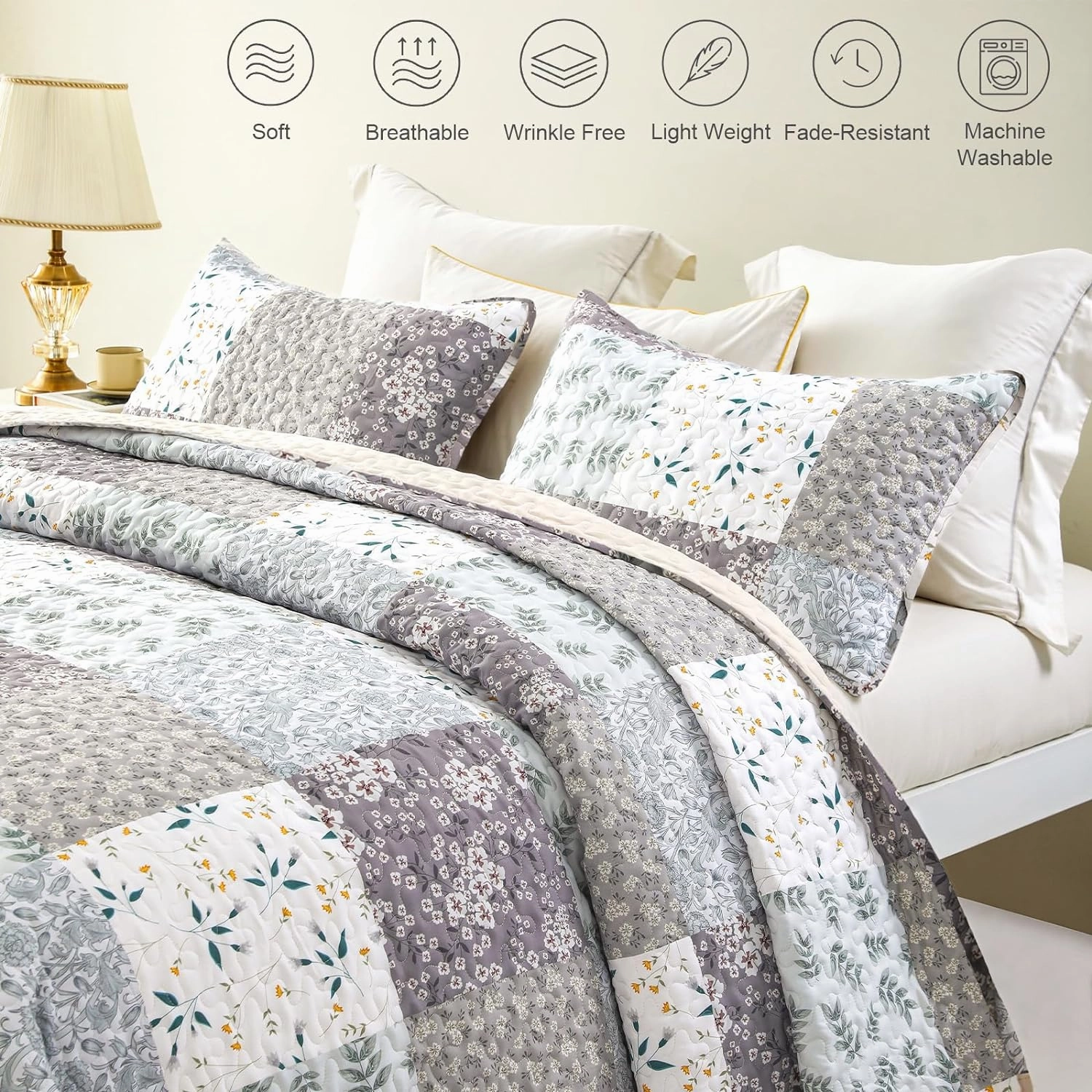 Whale Flotilla Reversible Patchwork Quilts Twin Size, Lightweight Boho Printed Bedspreads Coverlets Quilt Bedding Set with 1 Pillow Sham for All Seasons,Light Grey