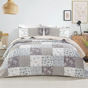 Whale Flotilla Reversible Patchwork Quilts Twin Size, Lightweight Boho Printed Bedspreads Coverlets Quilt Bedding Set with 1 Pillow Sham for All Seasons,Light Grey