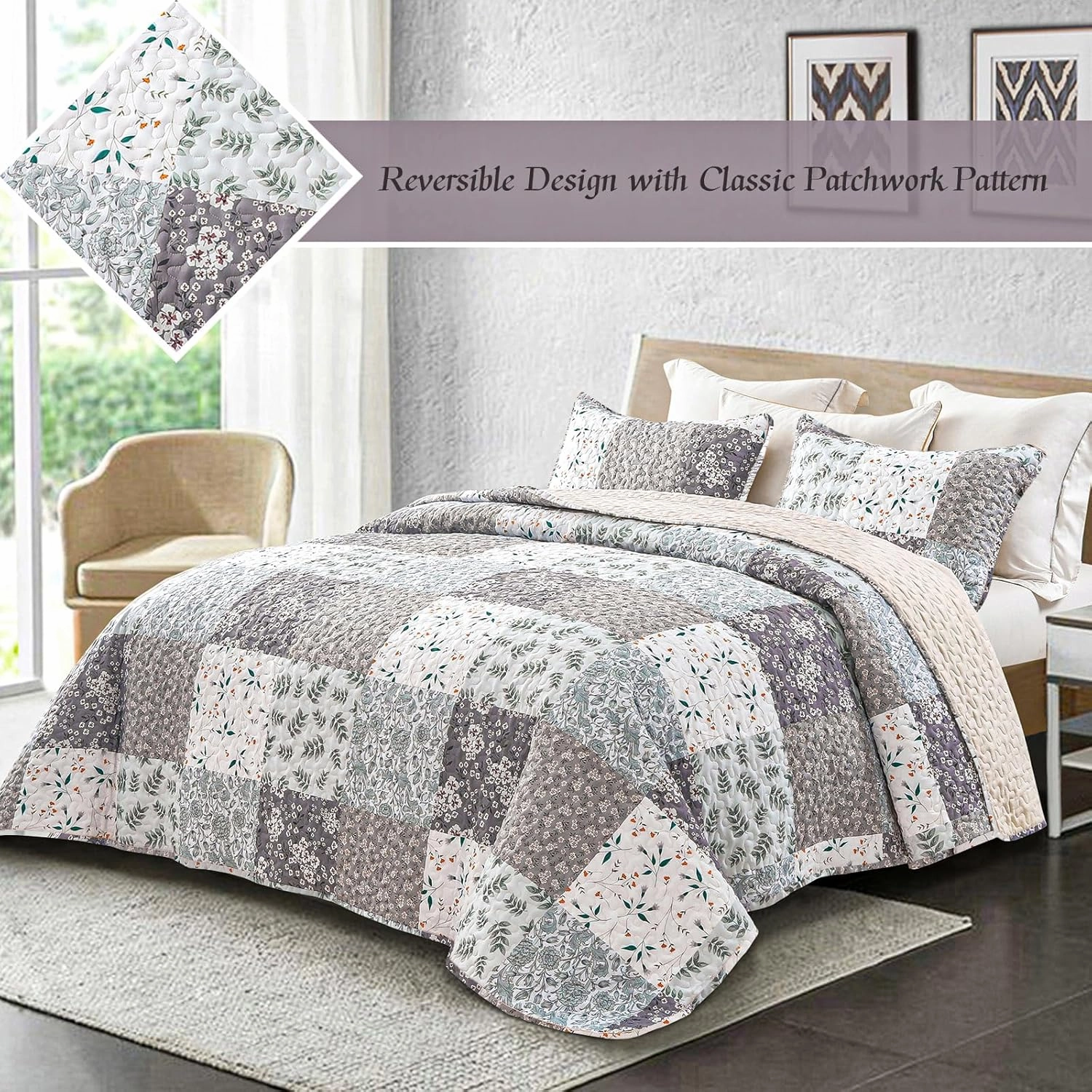 Whale Flotilla Reversible Patchwork Quilts Twin Size, Lightweight Boho Printed Bedspreads Coverlets Quilt Bedding Set with 1 Pillow Sham for All Seasons,Light Grey