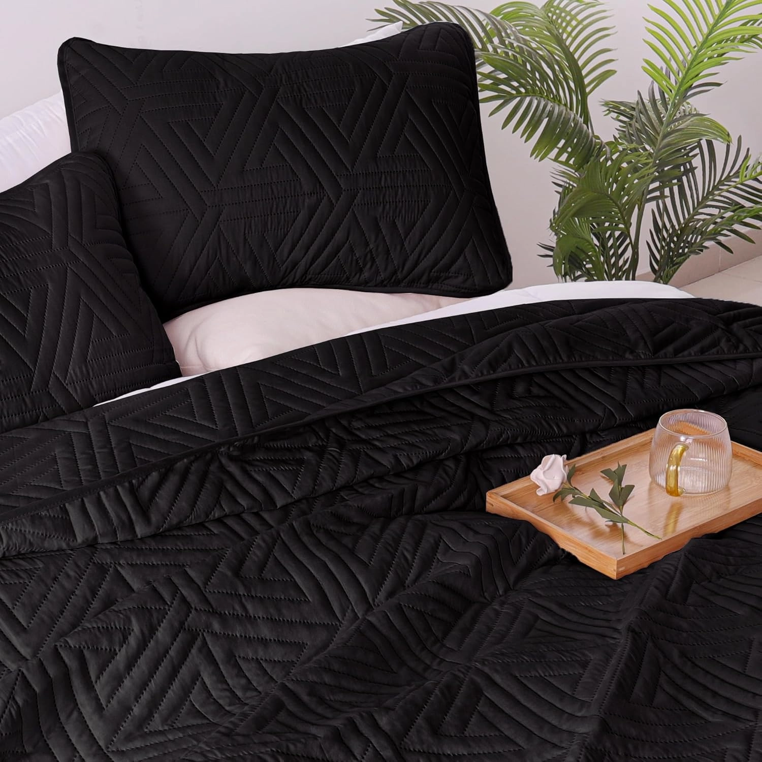 Whale Flotilla Soft Queen Size Quilt Set for All Seasons, 3-Piece Ultrasonic Geometric Quilts Bedding Set, Lightweight Reversible Bedspread, Coverlet, Bed Cover with 2 Pillow Shams, Black
