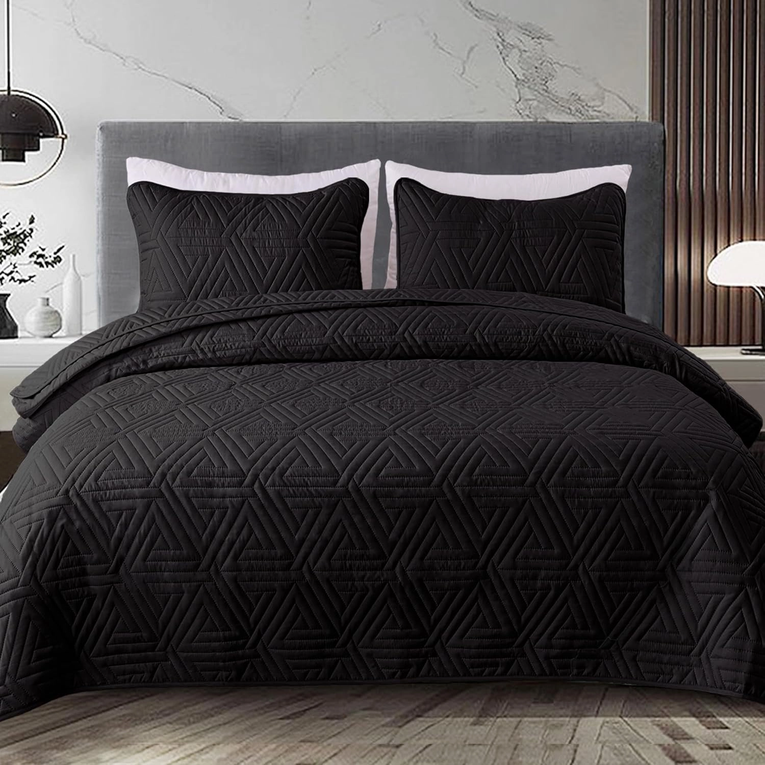 Whale Flotilla Soft Queen Size Quilt Set for All Seasons, 3-Piece Ultrasonic Geometric Quilts Bedding Set, Lightweight Reversible Bedspread, Coverlet, Bed Cover with 2 Pillow Shams, Black