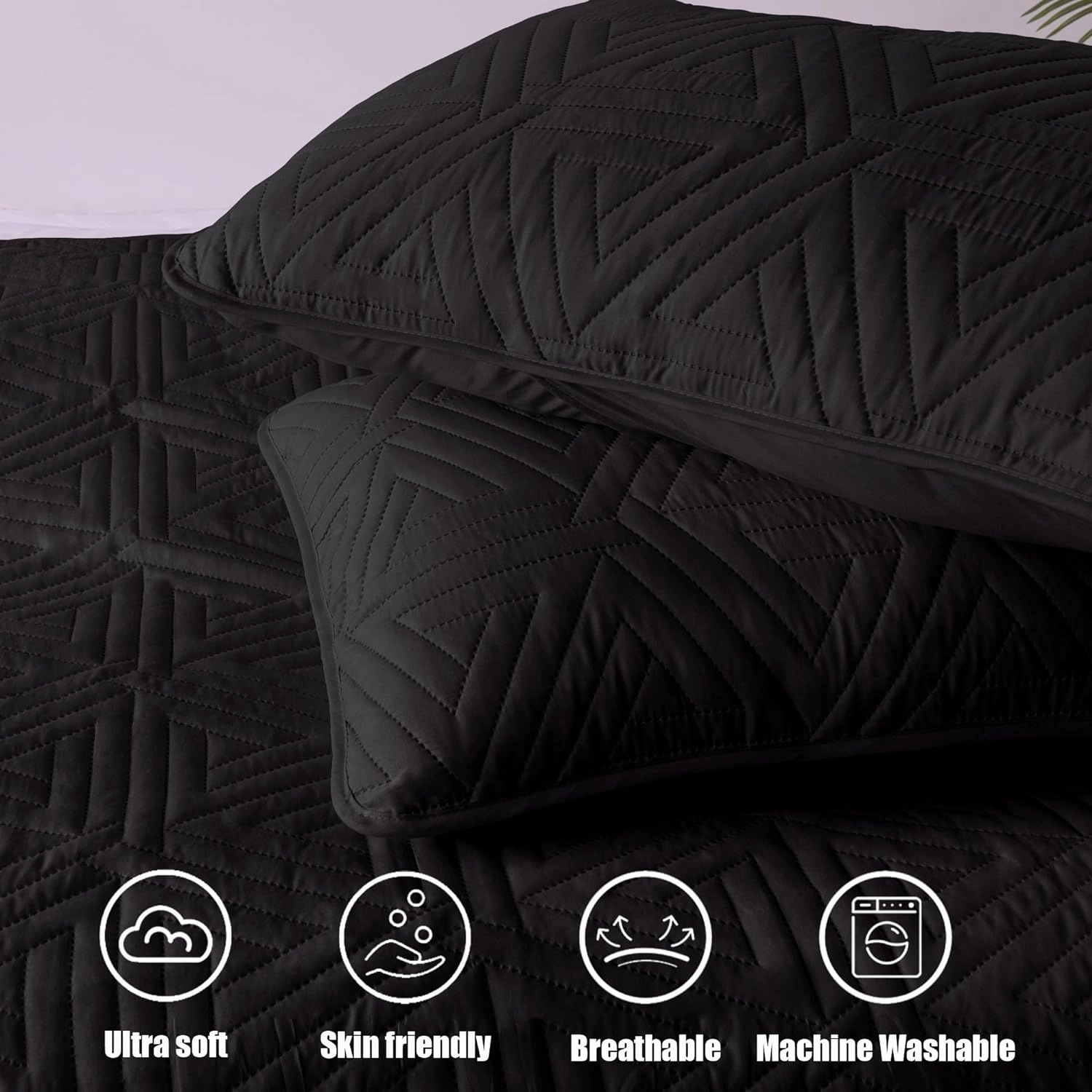 Whale Flotilla Soft Queen Size Quilt Set for All Seasons, 3-Piece Ultrasonic Geometric Quilts Bedding Set, Lightweight Reversible Bedspread, Coverlet, Bed Cover with 2 Pillow Shams, Black