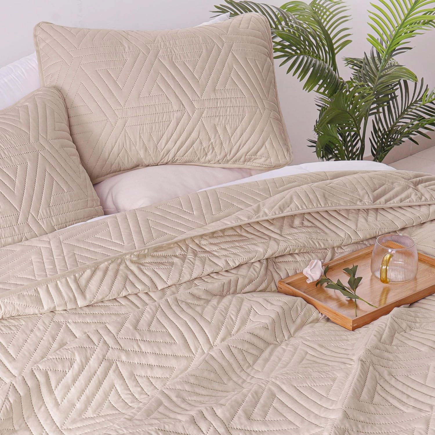 Whale Flotilla Soft Queen Size Quilt Set for All Seasons, 3-Piece Ultrasonic Geometric Quilts Bedding Set, Lightweight Reversible Bedspread, Coverlet, Bed Cover with 2 Pillow Shams, Brich Beige