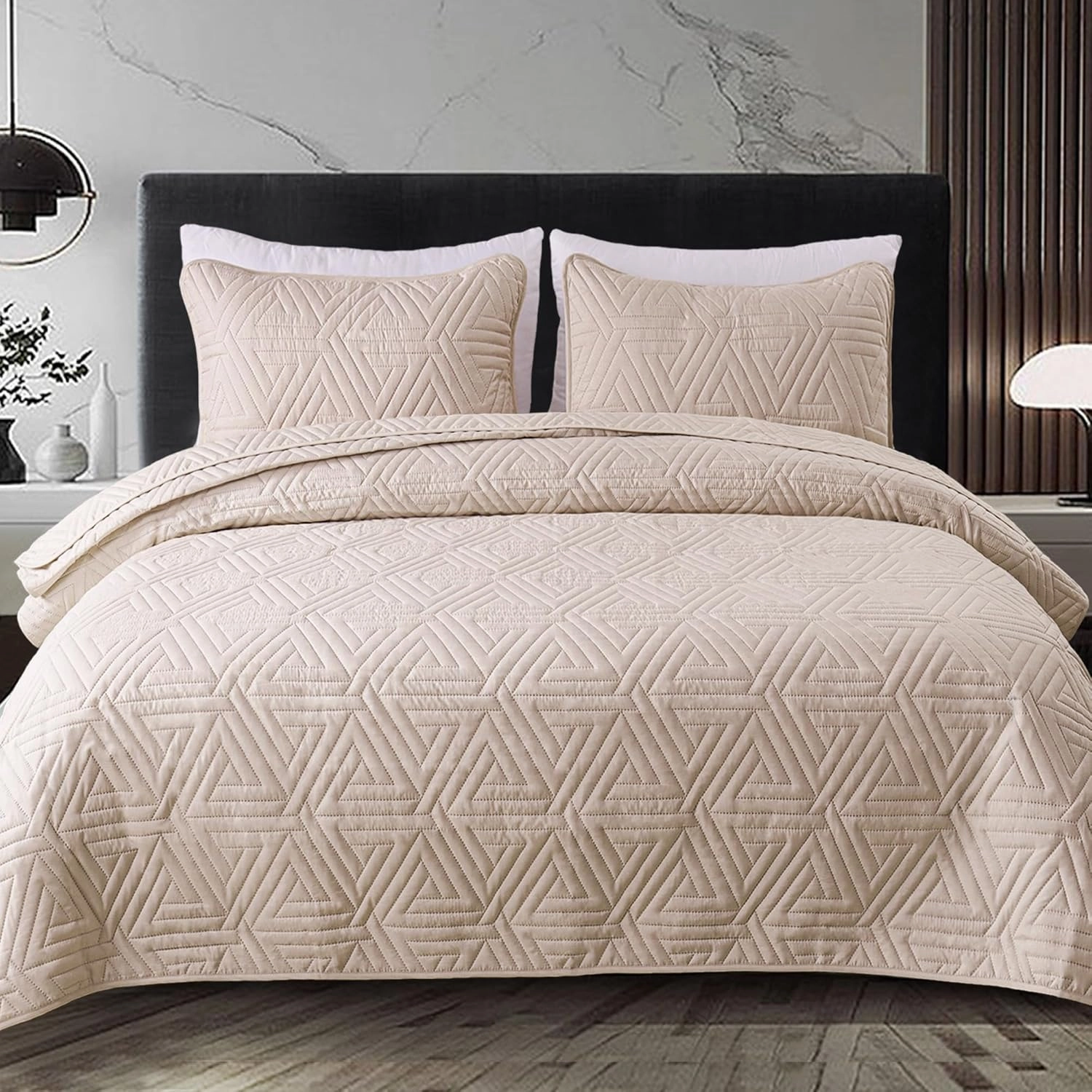 Whale Flotilla Soft Queen Size Quilt Set for All Seasons, 3-Piece Ultrasonic Geometric Quilts Bedding Set, Lightweight Reversible Bedspread, Coverlet, Bed Cover with 2 Pillow Shams, Brich Beige
