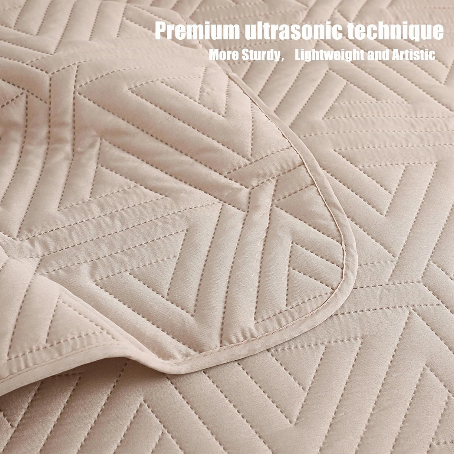 Whale Flotilla Soft Queen Size Quilt Set for All Seasons, 3-Piece Ultrasonic Geometric Quilts Bedding Set, Lightweight Reversible Bedspread, Coverlet, Bed Cover with 2 Pillow Shams, Brich Beige