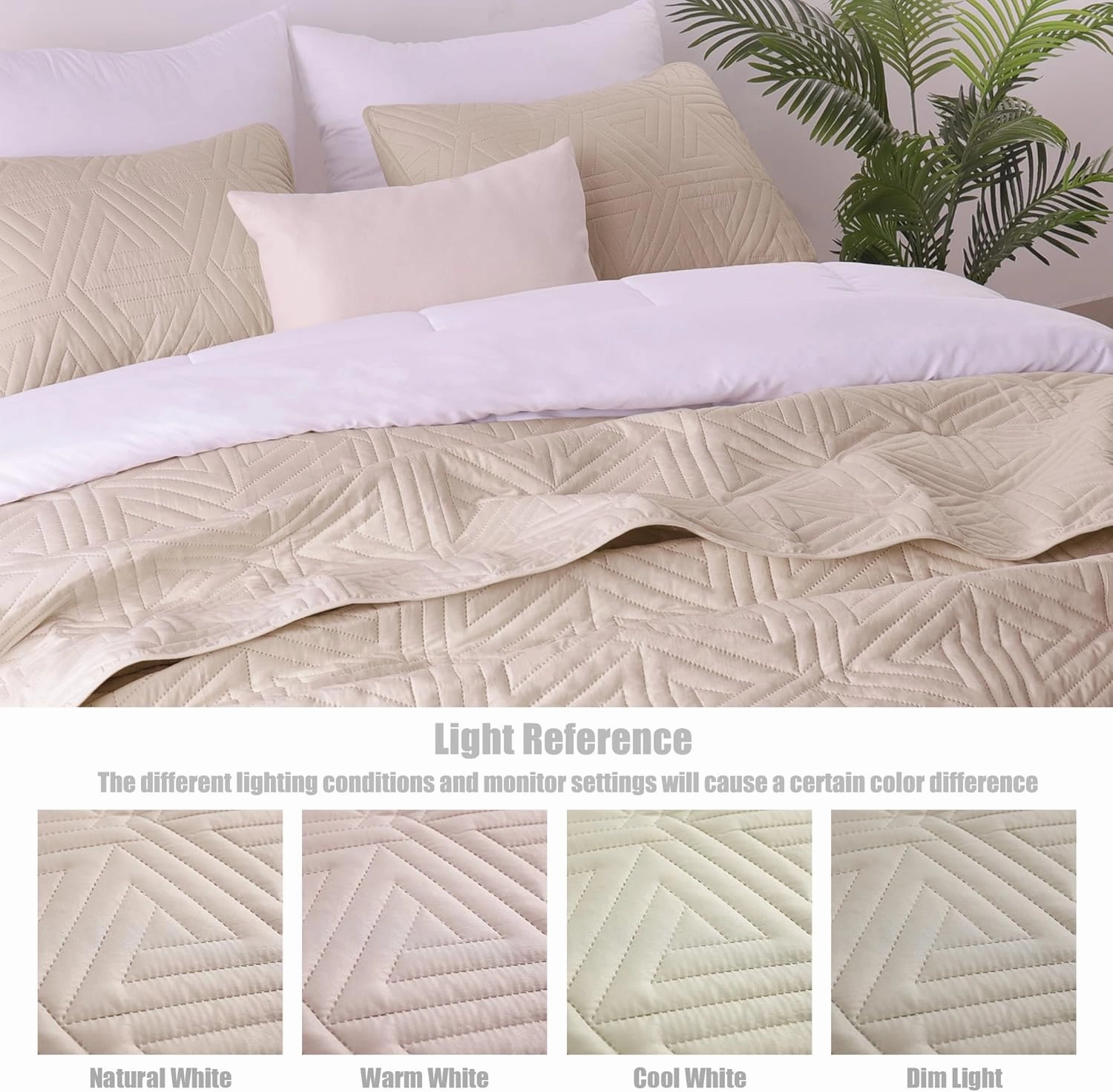 Whale Flotilla Soft Queen Size Quilt Set for All Seasons, 3-Piece Ultrasonic Geometric Quilts Bedding Set, Lightweight Reversible Bedspread, Coverlet, Bed Cover with 2 Pillow Shams, Brich Beige
