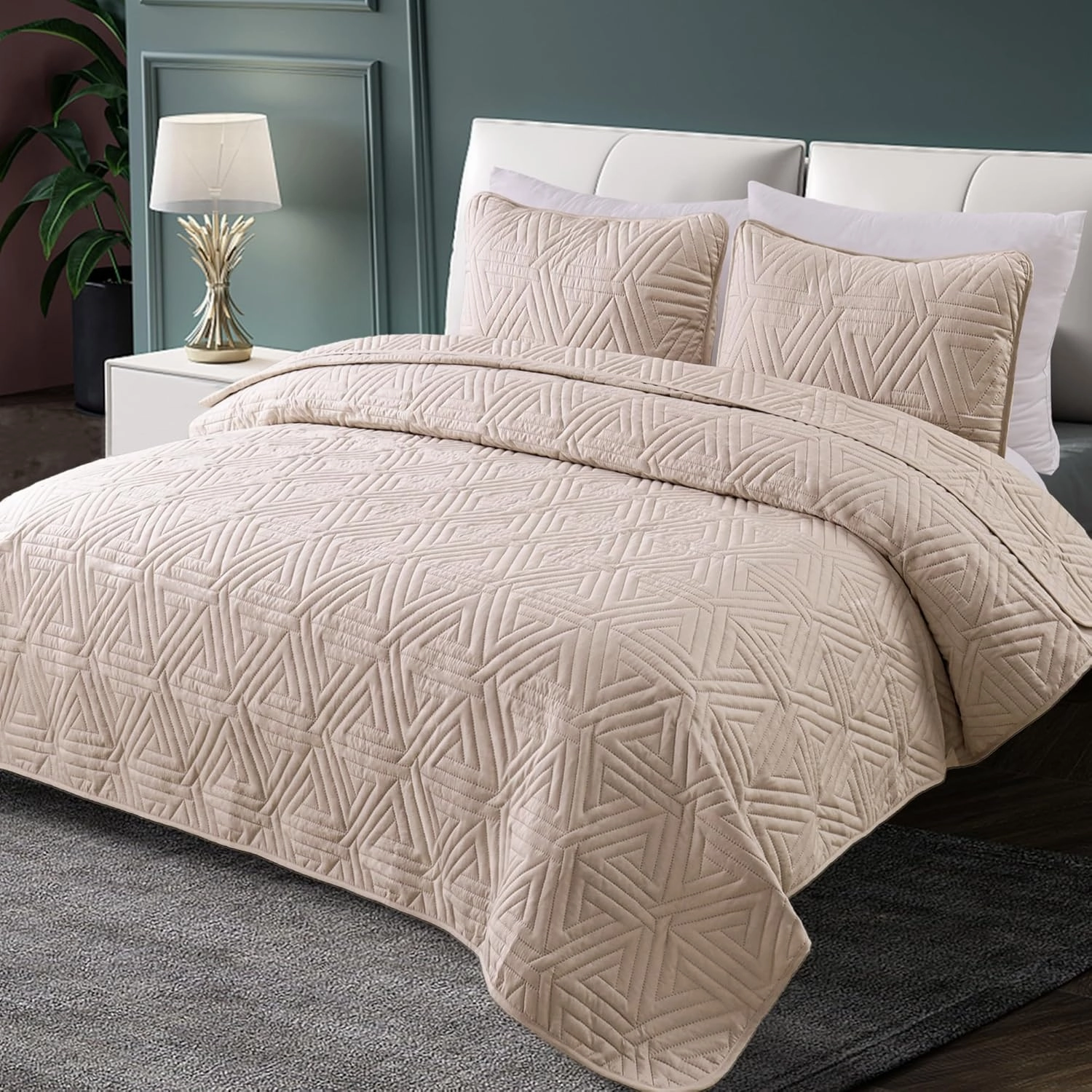 Whale Flotilla Soft Queen Size Quilt Set for All Seasons, 3-Piece Ultrasonic Geometric Quilts Bedding Set, Lightweight Reversible Bedspread, Coverlet, Bed Cover with 2 Pillow Shams, Brich Beige