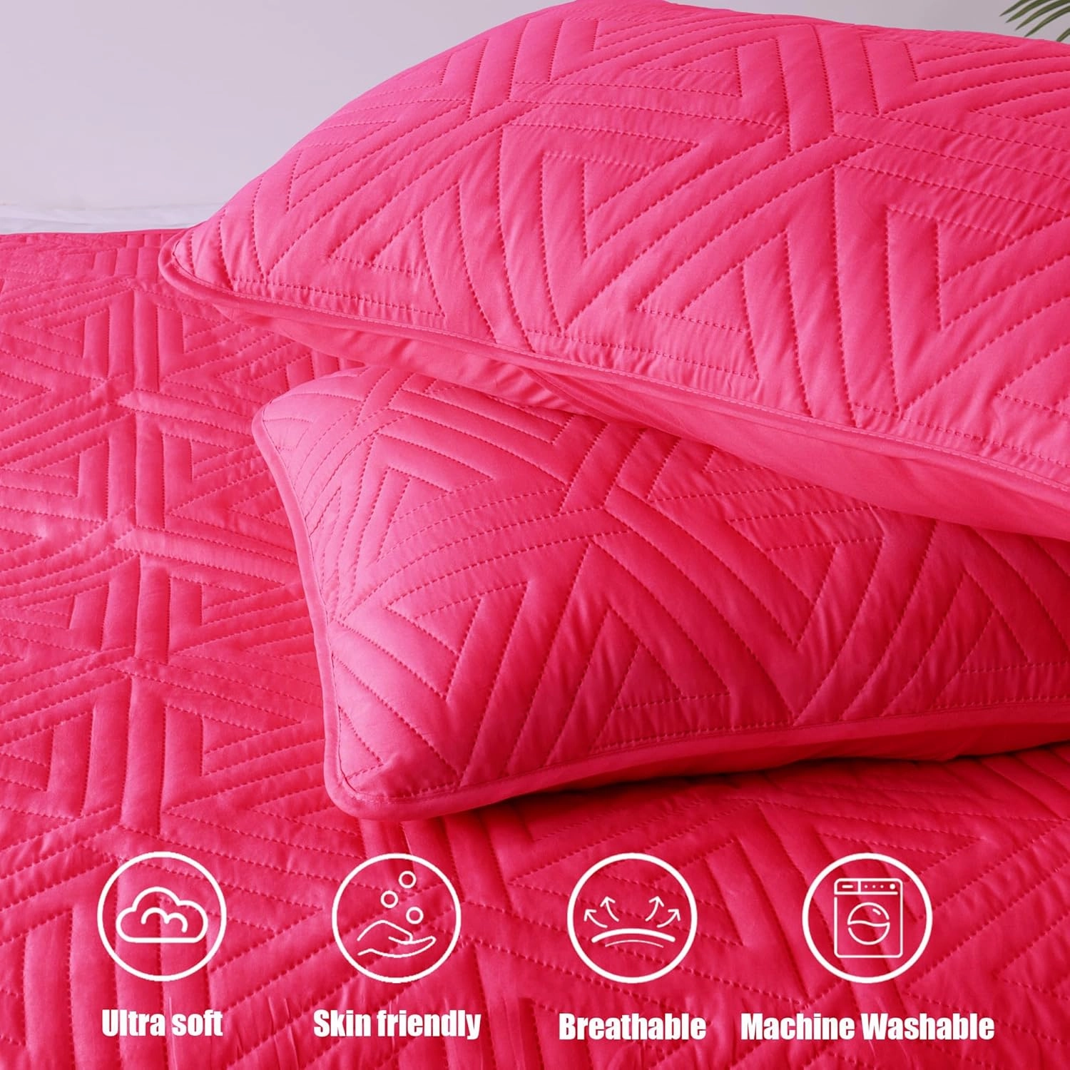 Whale Flotilla Soft Queen Size Quilt Set for All Seasons, 3-Piece Ultrasonic Geometric Quilts Bedding Set, Lightweight Reversible Bedspread, Coverlet, Bed Cover with 2 Pillow Shams, Hot Pink