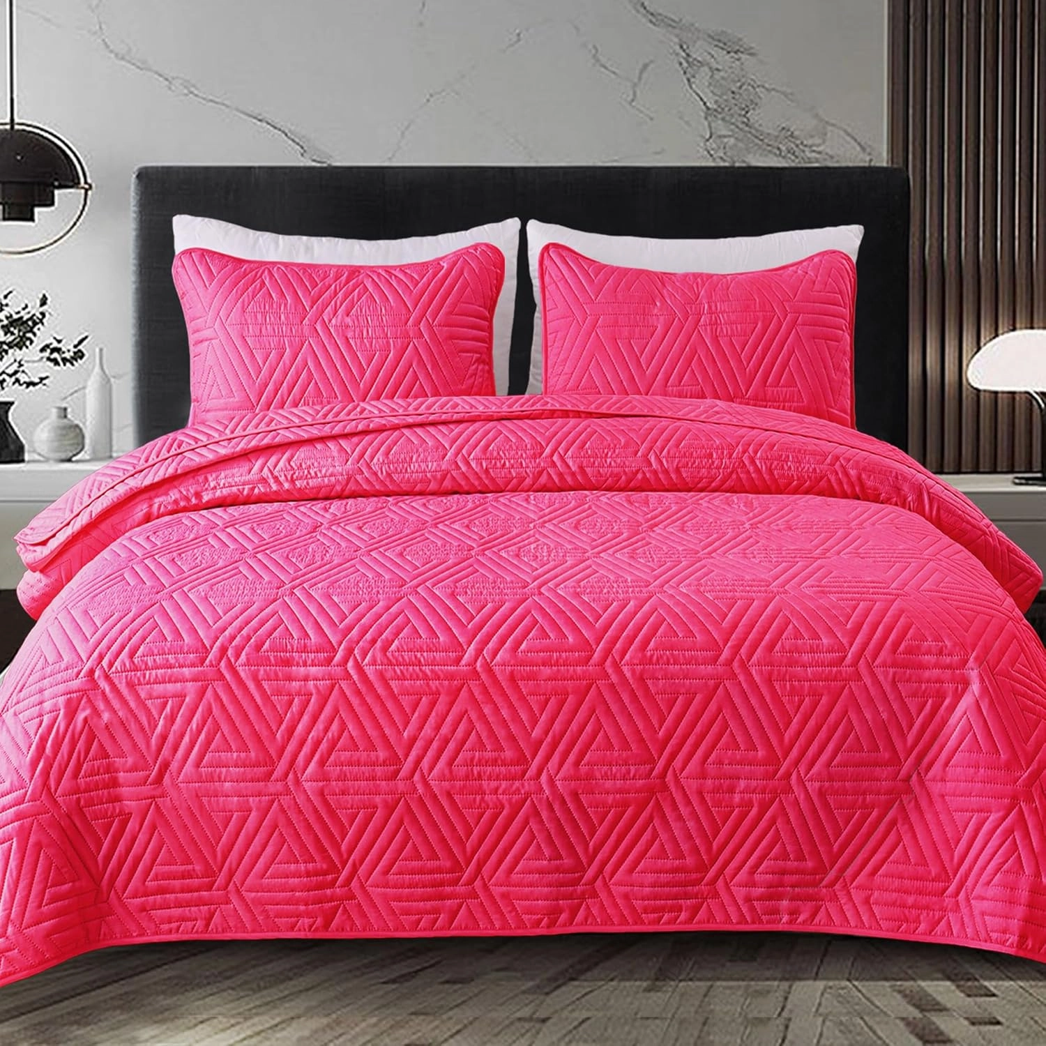 Whale Flotilla Soft Queen Size Quilt Set for All Seasons, 3-Piece Ultrasonic Geometric Quilts Bedding Set, Lightweight Reversible Bedspread, Coverlet, Bed Cover with 2 Pillow Shams, Hot Pink