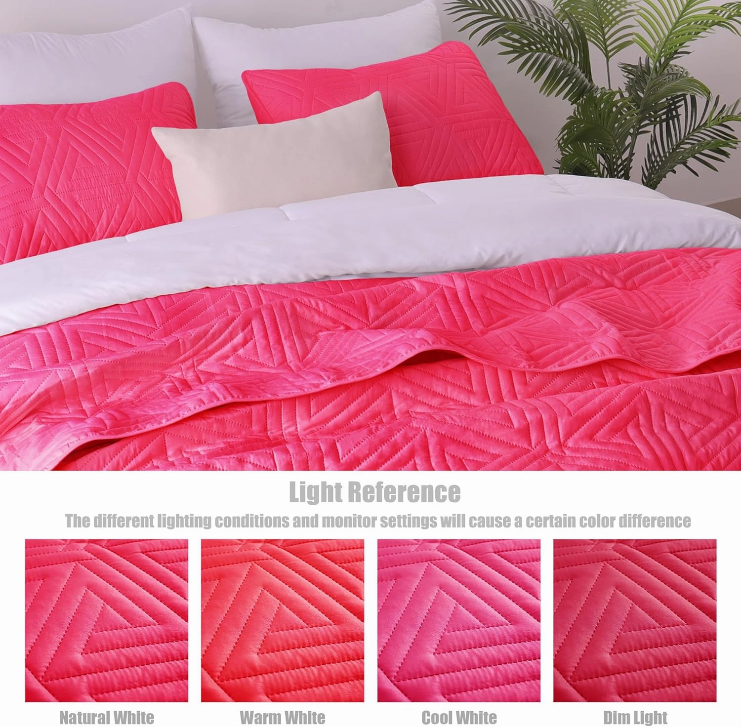 Whale Flotilla Soft Queen Size Quilt Set for All Seasons, 3-Piece Ultrasonic Geometric Quilts Bedding Set, Lightweight Reversible Bedspread, Coverlet, Bed Cover with 2 Pillow Shams, Hot Pink