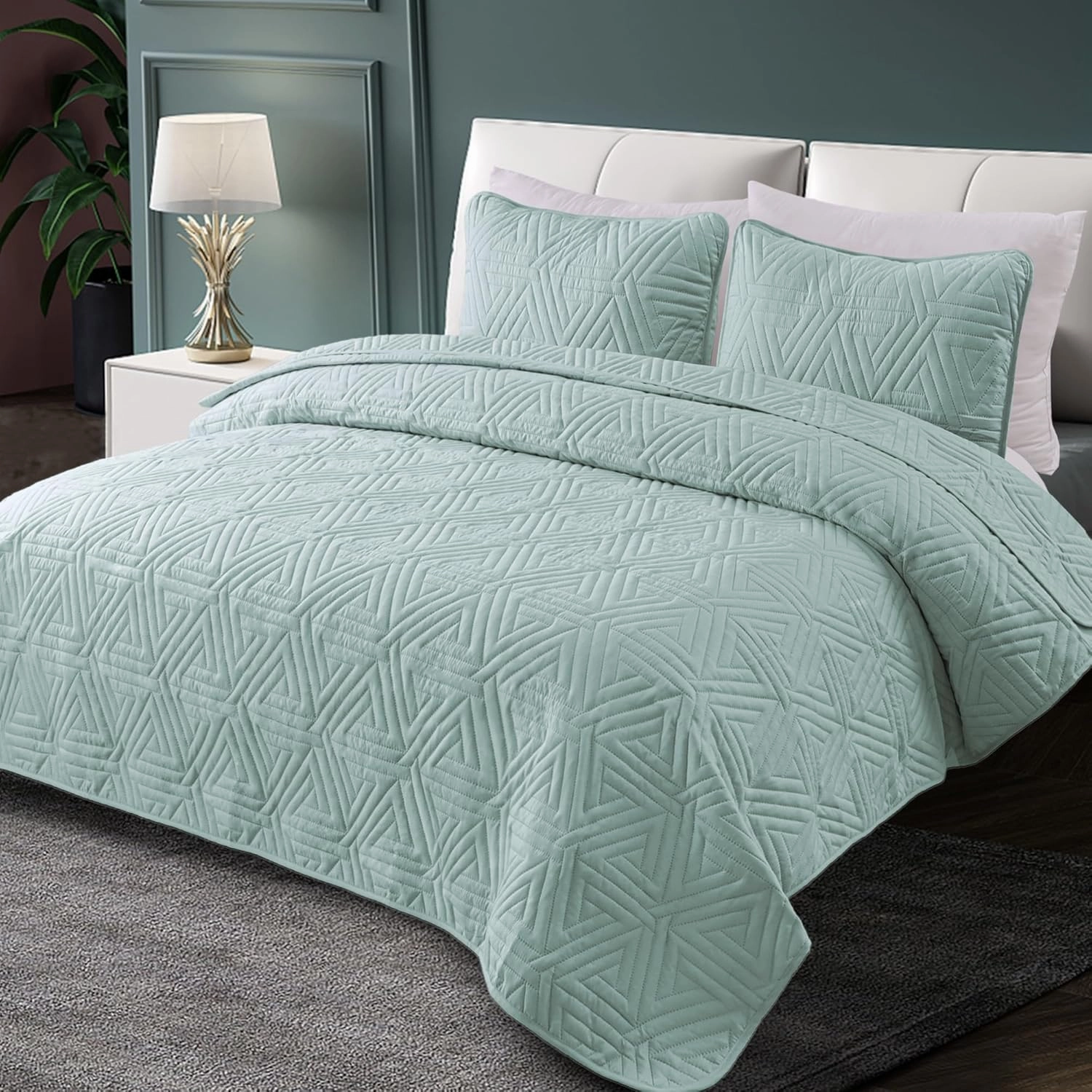Whale Flotilla Soft Queen Size Quilt Set for All Seasons, 3-Piece Ultrasonic Geometric Quilts Bedding Set, Lightweight Reversible Bedspread, Coverlet, Bed Cover with 2 Pillow Shams, Light Blue