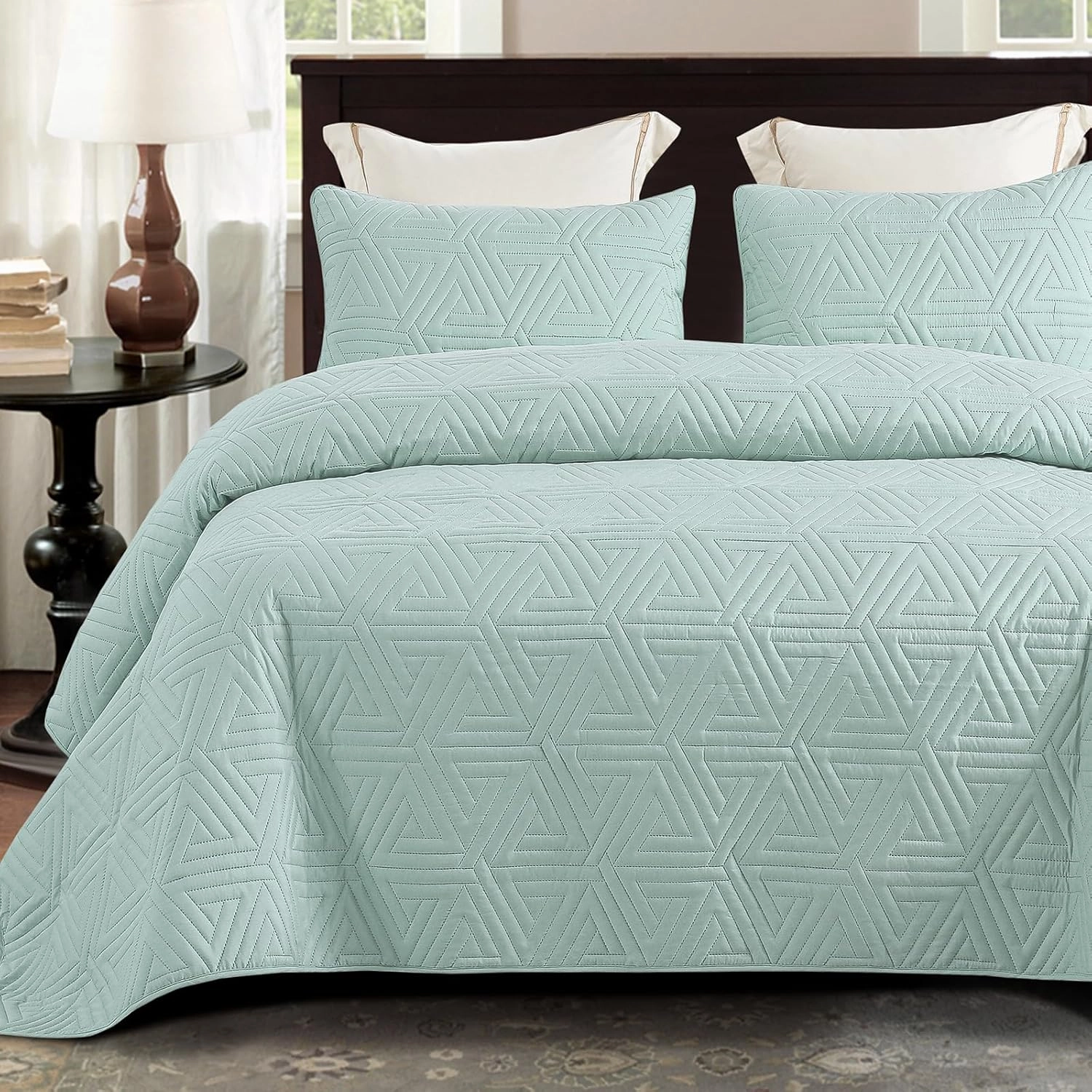 Whale Flotilla Soft Queen Size Quilt Set for All Seasons, 3-Piece Ultrasonic Geometric Quilts Bedding Set, Lightweight Reversible Bedspread, Coverlet, Bed Cover with 2 Pillow Shams, Light Blue