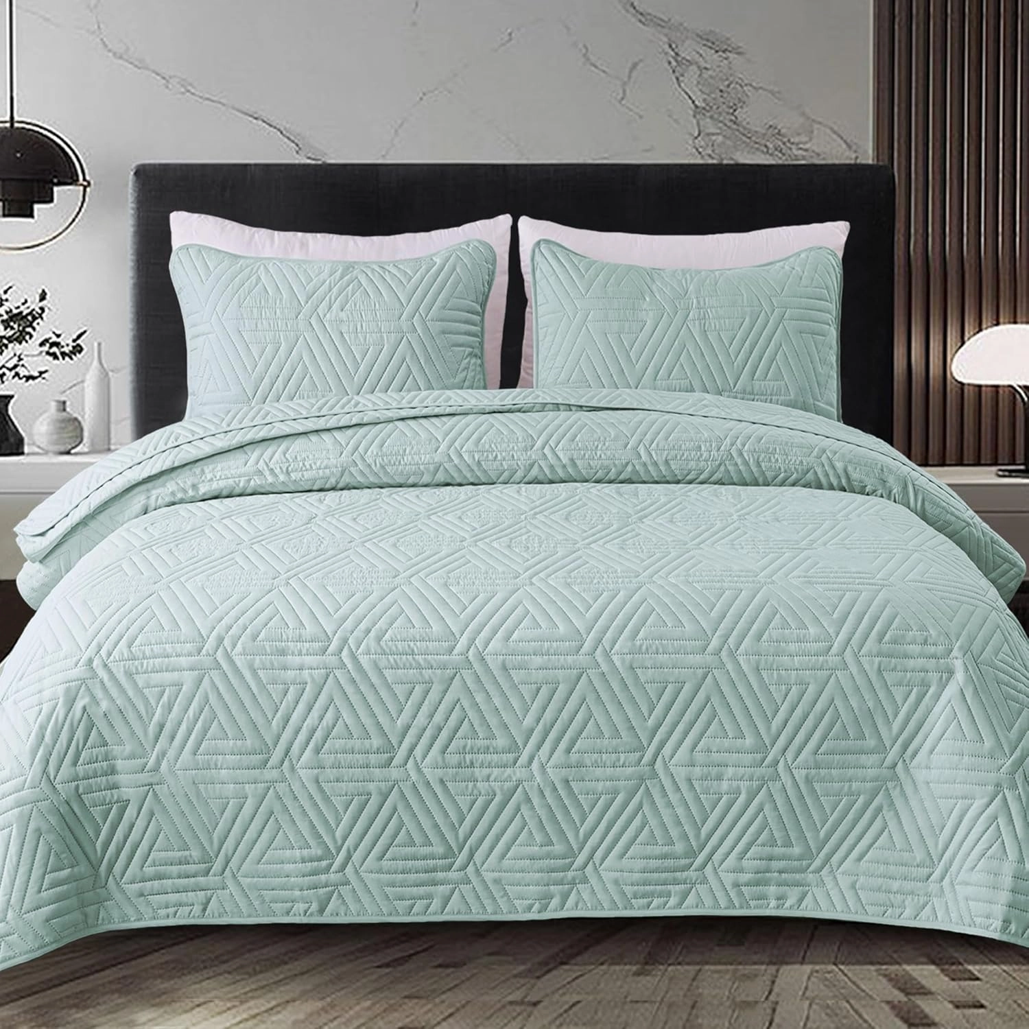 Whale Flotilla Soft Queen Size Quilt Set for All Seasons, 3-Piece Ultrasonic Geometric Quilts Bedding Set, Lightweight Reversible Bedspread, Coverlet, Bed Cover with 2 Pillow Shams, Light Blue
