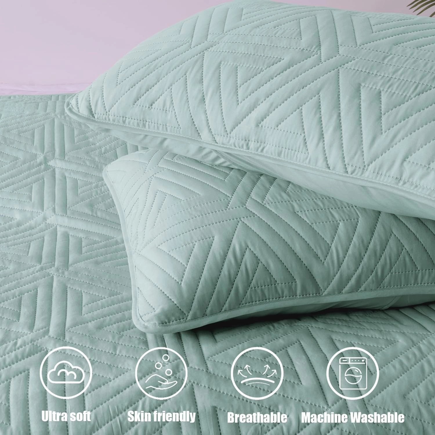 Whale Flotilla Soft Queen Size Quilt Set for All Seasons, 3-Piece Ultrasonic Geometric Quilts Bedding Set, Lightweight Reversible Bedspread, Coverlet, Bed Cover with 2 Pillow Shams, Light Blue