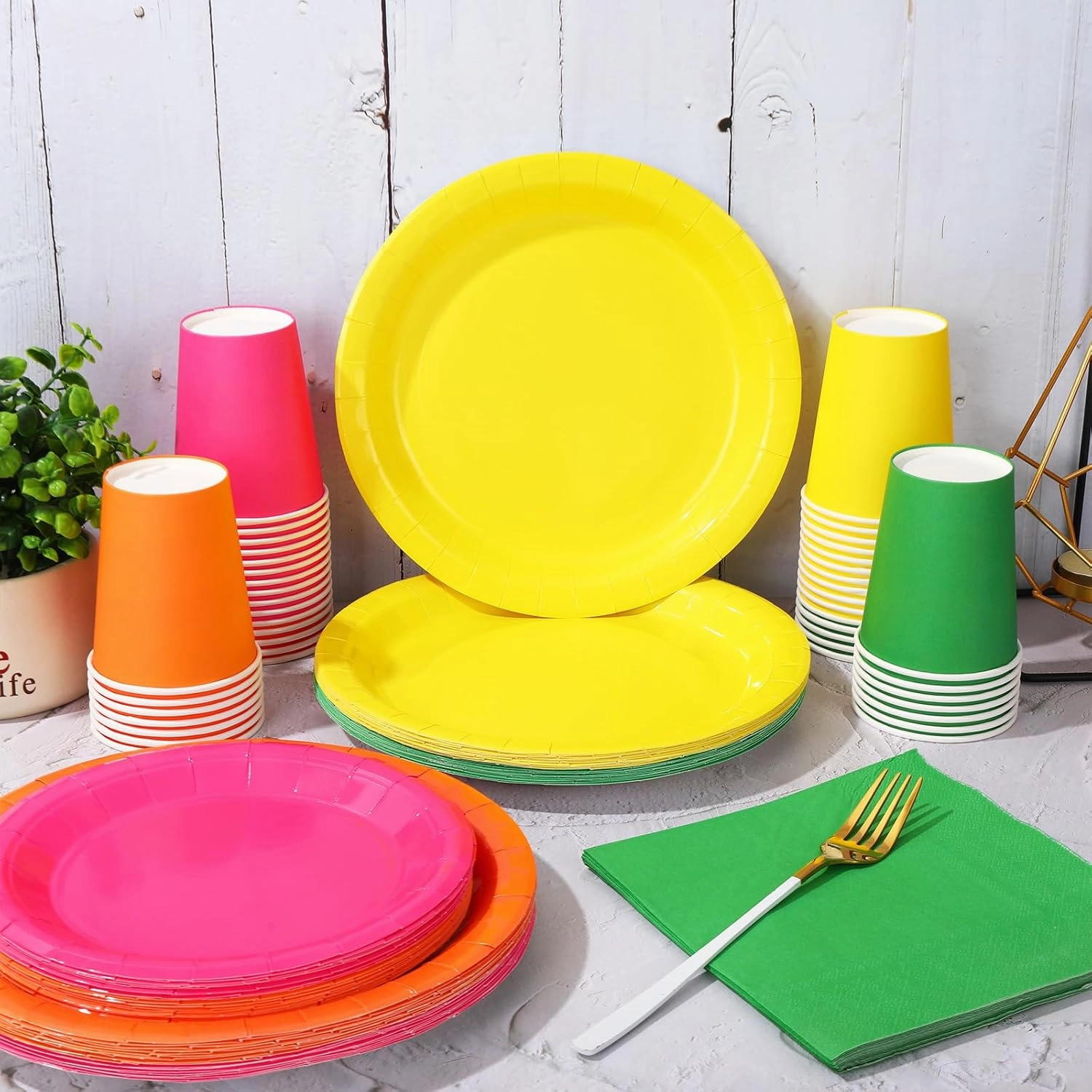 Whaline 244Pcs Neon Tableware Set Serves 48 Bright Color Disposable Dinnerware 48 9" Plates 48 7" Plate 48 9oz Cups 100 Napkins for Fiesta Neon Glow Party Supplies