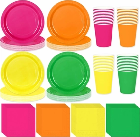 Whaline 244Pcs Neon Tableware Set Serves 48 Bright Color Disposable Dinnerware 48 9" Plates 48 7" Plate 48 9oz Cups 100 Napkins for Fiesta Neon Glow Party Supplies