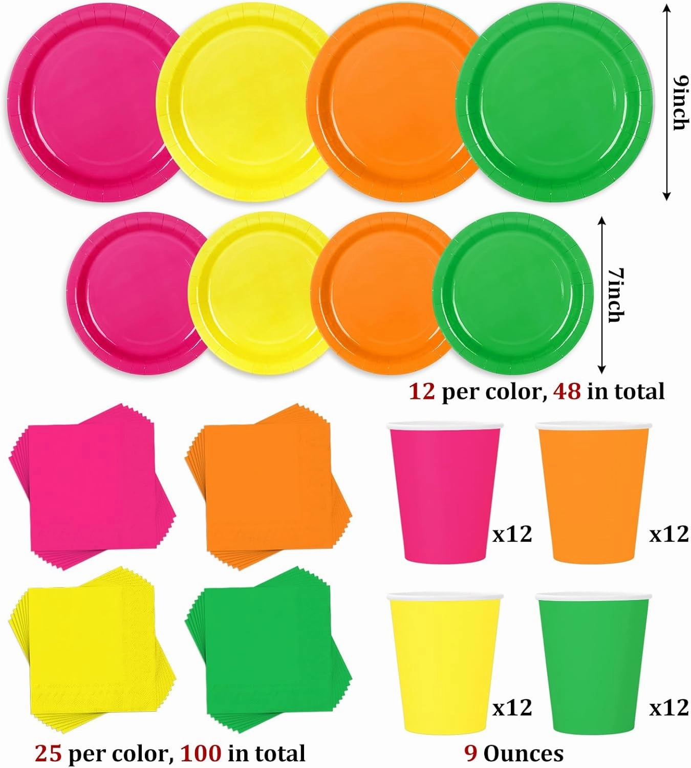 Whaline 244Pcs Neon Tableware Set Serves 48 Bright Color Disposable Dinnerware 48 9" Plates 48 7" Plate 48 9oz Cups 100 Napkins for Fiesta Neon Glow Party Supplies