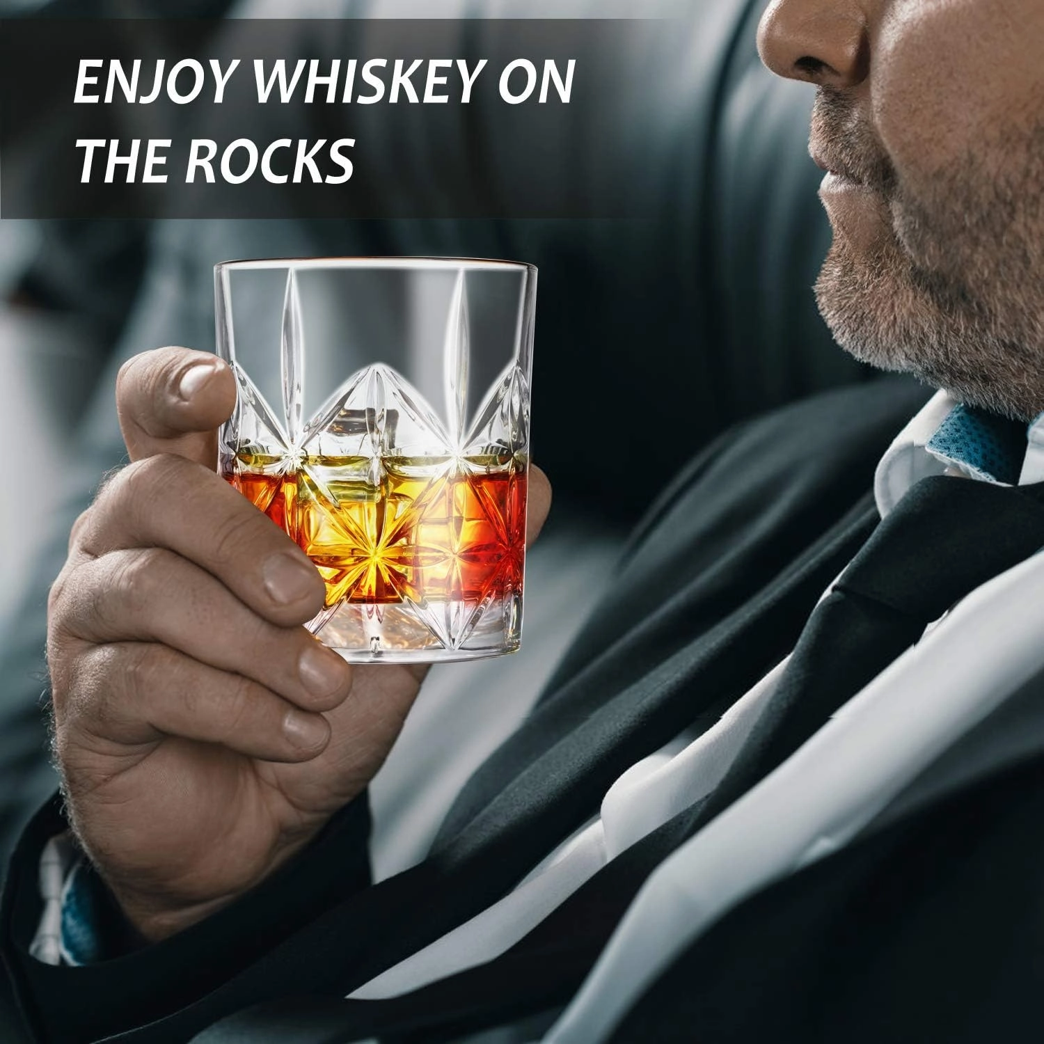 Whiskey Glass Set of 2, veecom 10 oz Crystal Whiskey Glasses Thick Bottom Bourbon Glasses Old Fashioned Rocks Glass Tumbler for Scotch, Cocktail, Liquor, Home Bar Whiskey Gifts for Men (Glass Set 2)