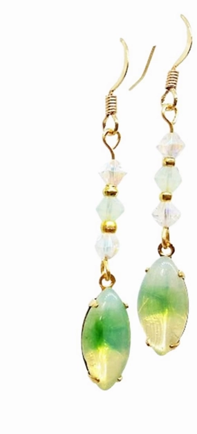 White Opal Grass Green Sabrina Navette Rare Vintage Rhinestone Mauve Austrian Crystal 2" Drop Earrings