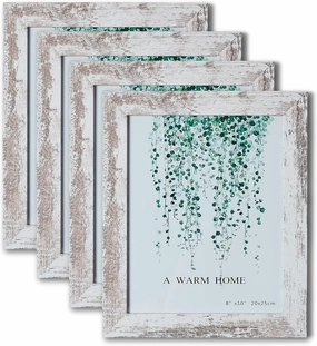 White Wooden Rustic Frame - 8x10 - Set of Four - Antique Design - Barnwood/Farmhouse/Shabby Chic - Unique Grain - Picture Display - Kitchen - Solid Wood with Frame Grade Acrylic Front