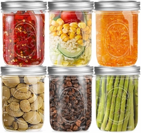 Wide Mouth Glass Mason Jars 16 oz, 6 Pack Glass Canning Jars with Metal Airtight Lids and Bands and Measurement Marks, for Canning, Preserving, Overnight Oats, Jam, Jelly, Food Storage, DIY etc